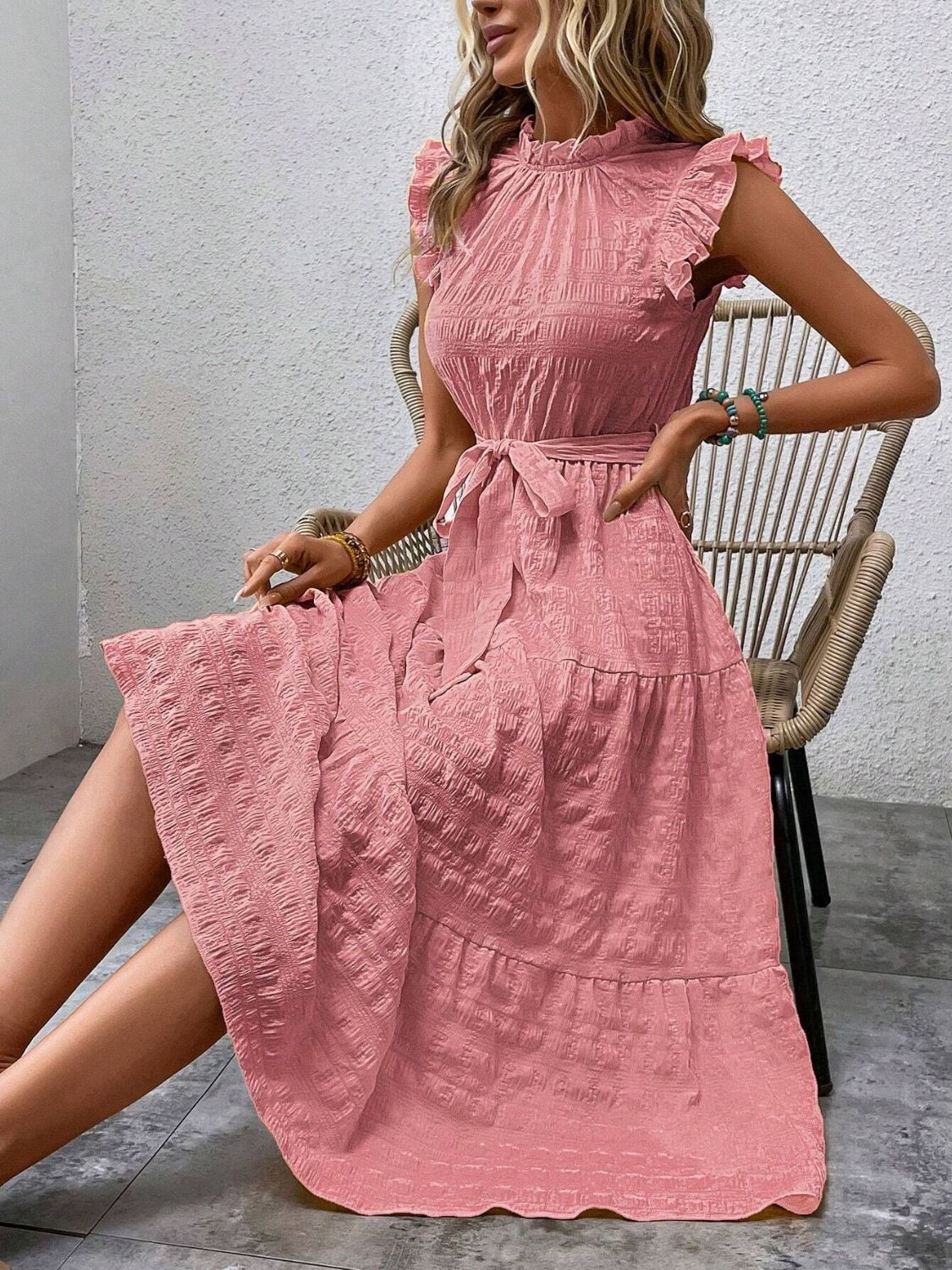 Tied Ruffled Cap Sleeve Midi Dress - Flip Flop Dynasty