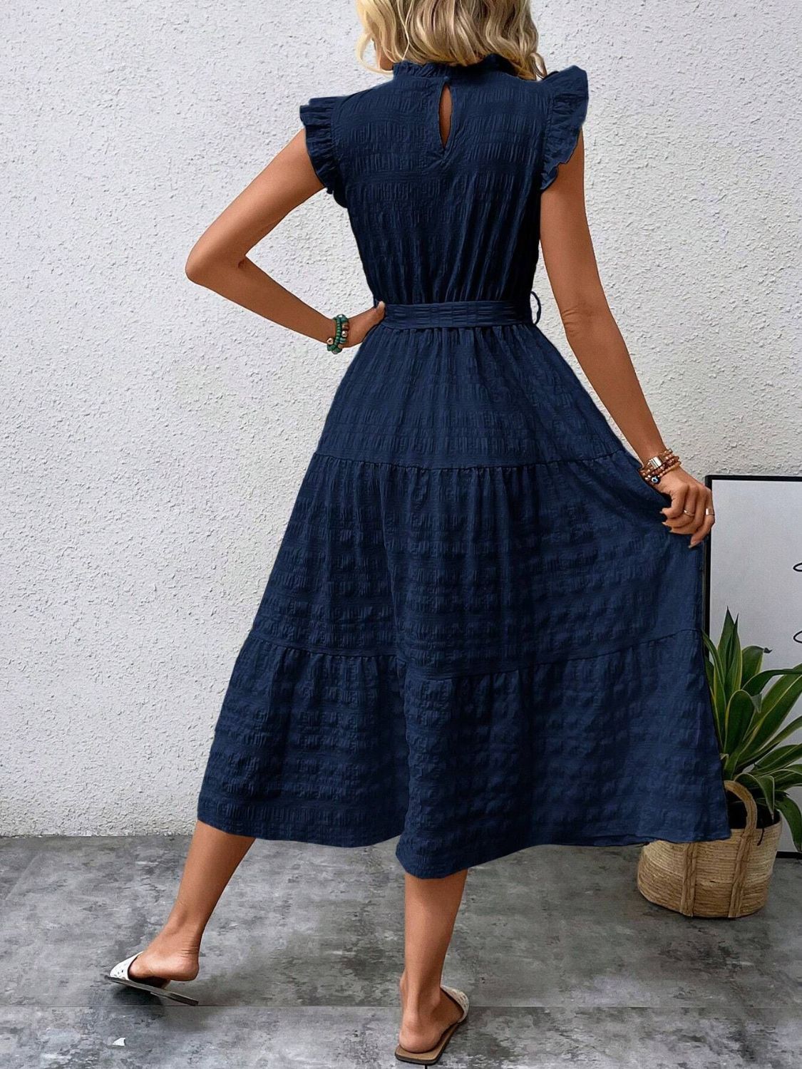 Tied Ruffled Cap Sleeve Midi Dress - Flip Flop Dynasty