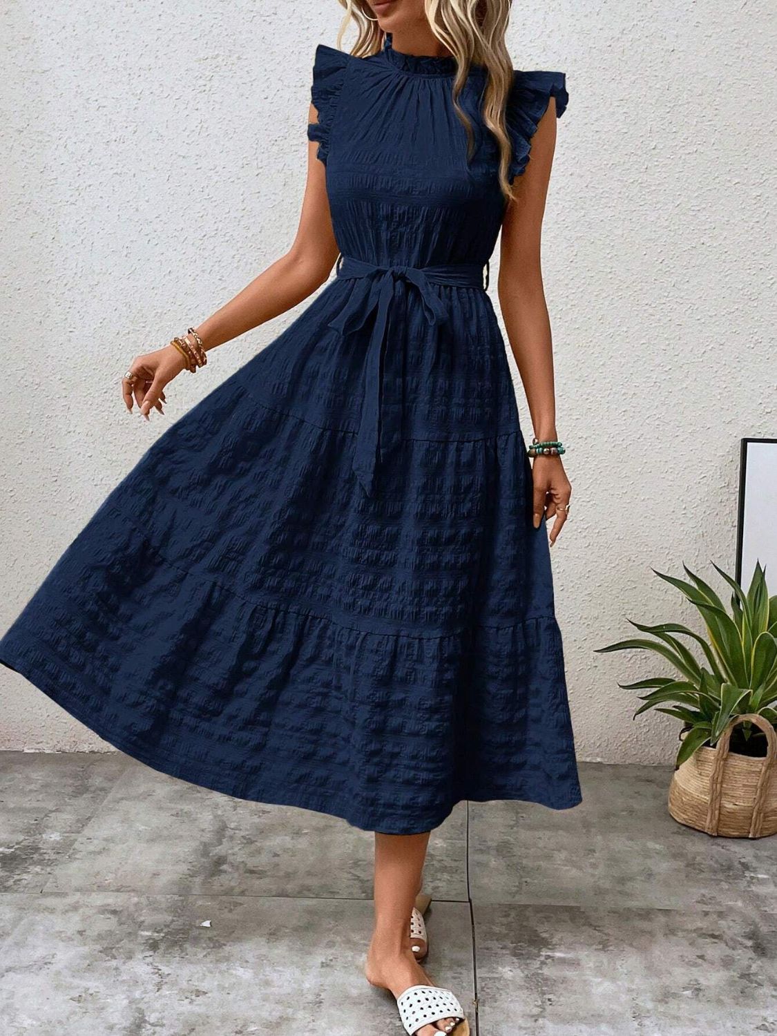 Tied Ruffled Cap Sleeve Midi Dress - Flip Flop Dynasty