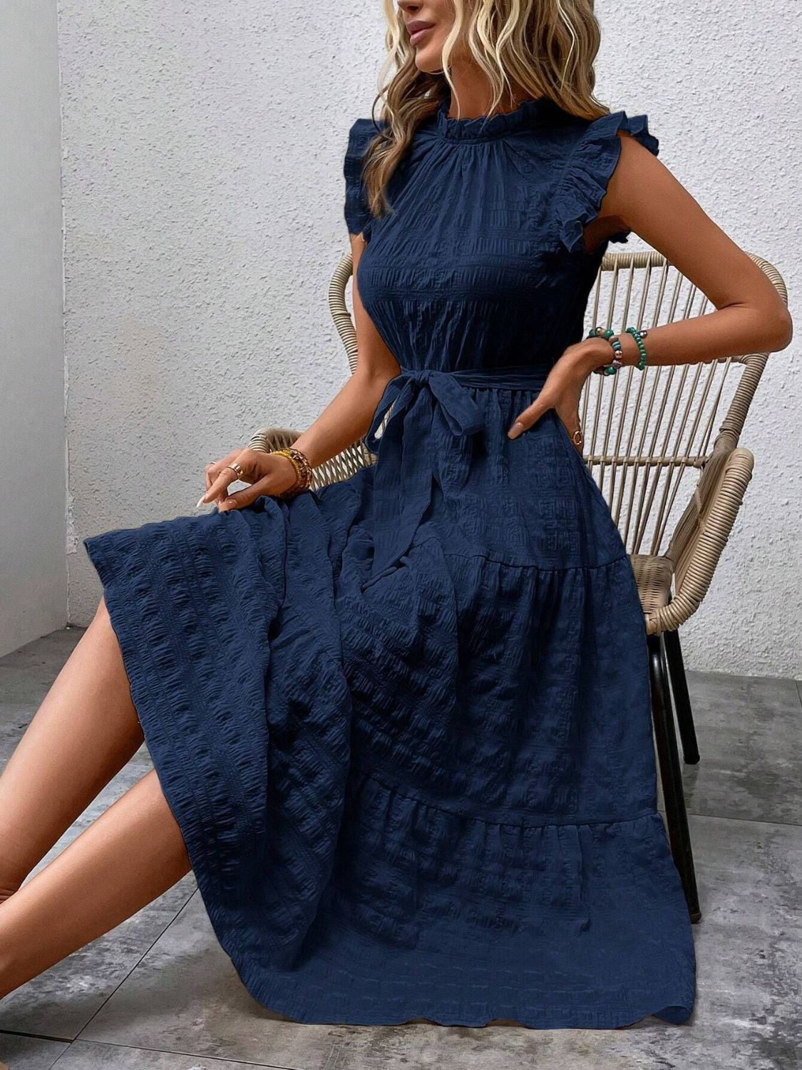 Tied Ruffled Cap Sleeve Midi Dress - Flip Flop Dynasty
