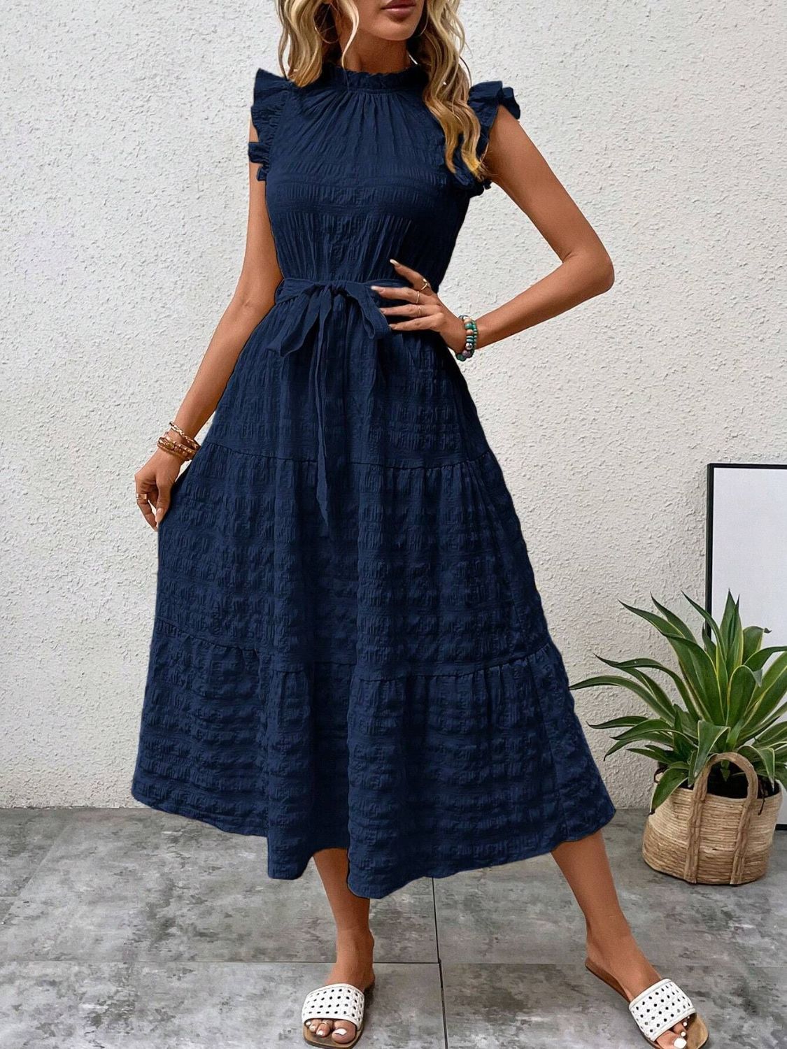 Tied Ruffled Cap Sleeve Midi Dress - Flip Flop Dynasty