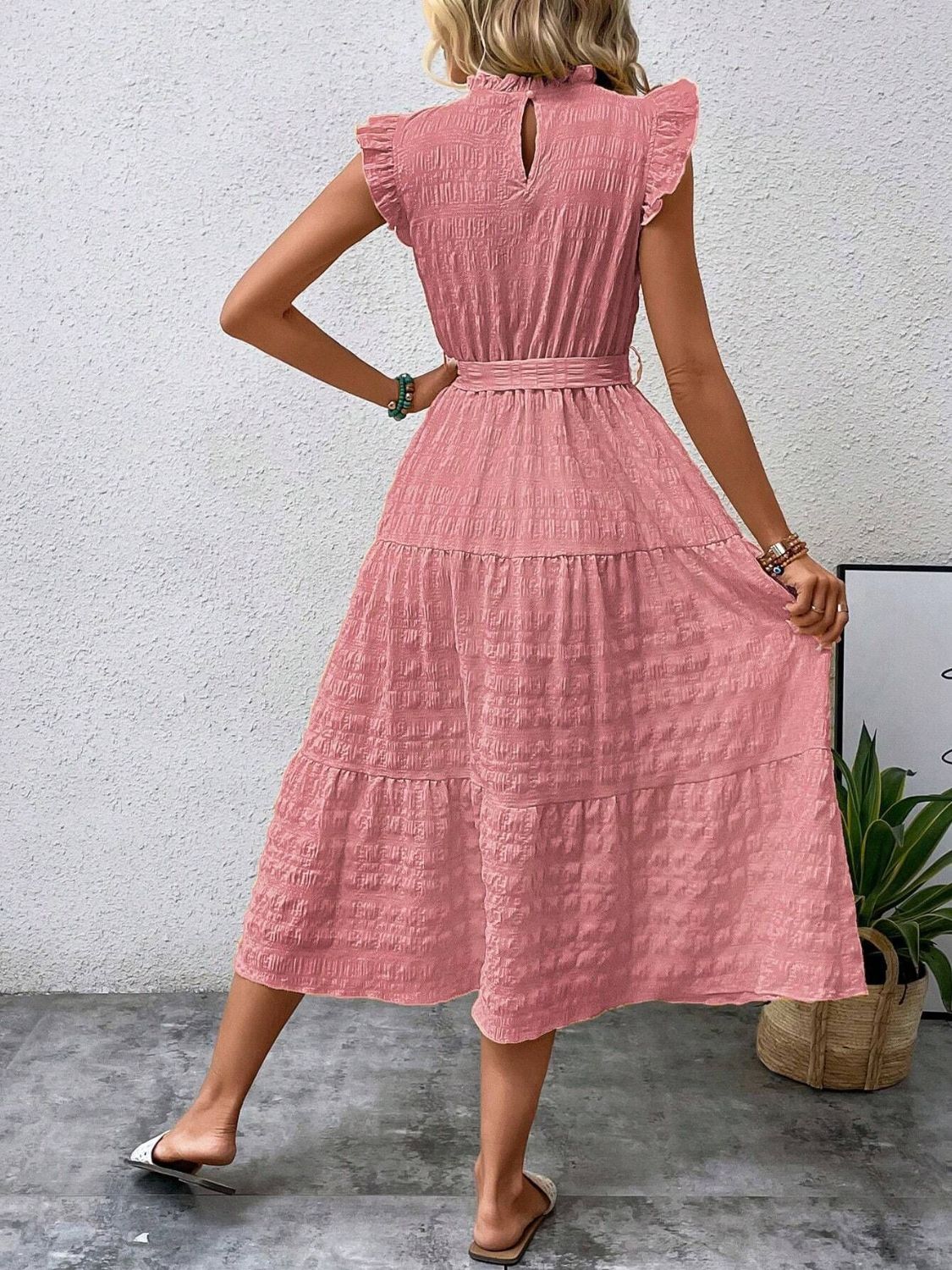 Tied Ruffled Cap Sleeve Midi Dress - Flip Flop Dynasty
