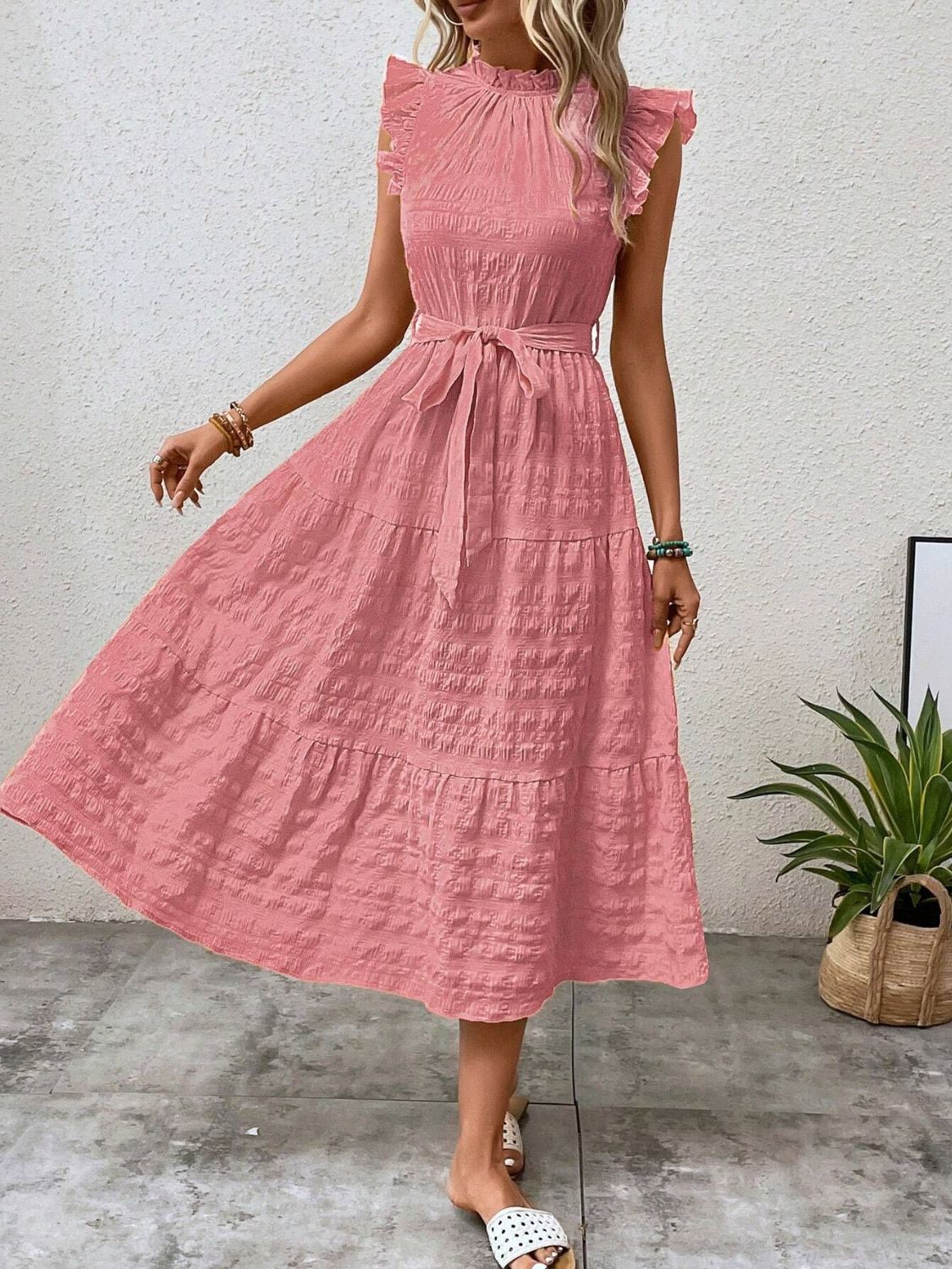 Tied Ruffled Cap Sleeve Midi Dress - Flip Flop Dynasty