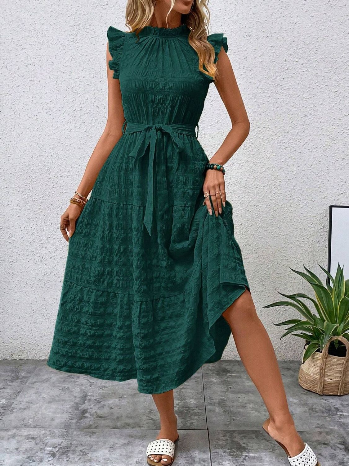 Tied Ruffled Cap Sleeve Midi Dress - Flip Flop Dynasty