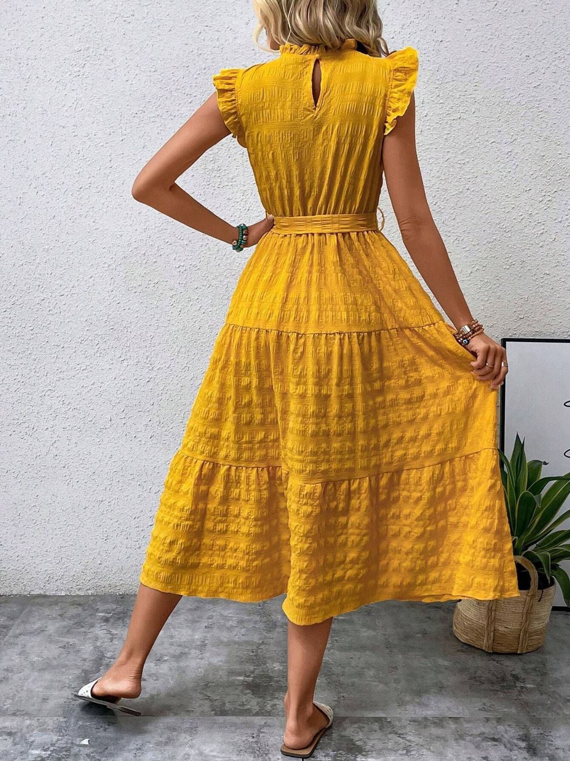 Tied Ruffled Cap Sleeve Midi Dress - Flip Flop Dynasty