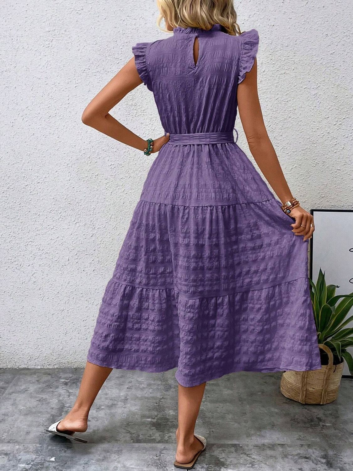 Tied Ruffled Cap Sleeve Midi Dress - Flip Flop Dynasty