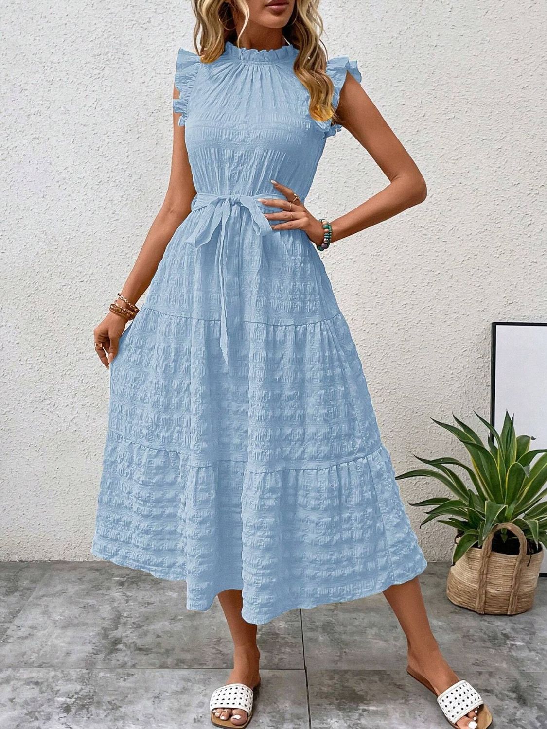Tied Ruffled Cap Sleeve Midi Dress - Flip Flop Dynasty