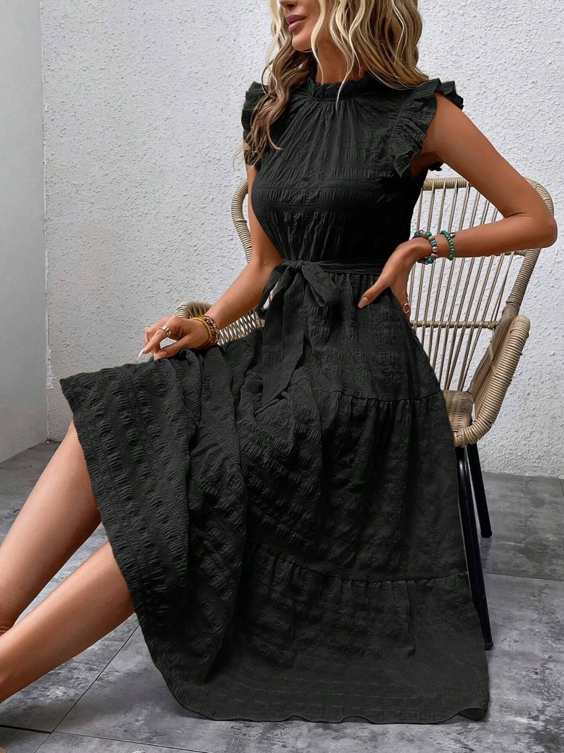 Tied Ruffled Cap Sleeve Midi Dress - Flip Flop Dynasty