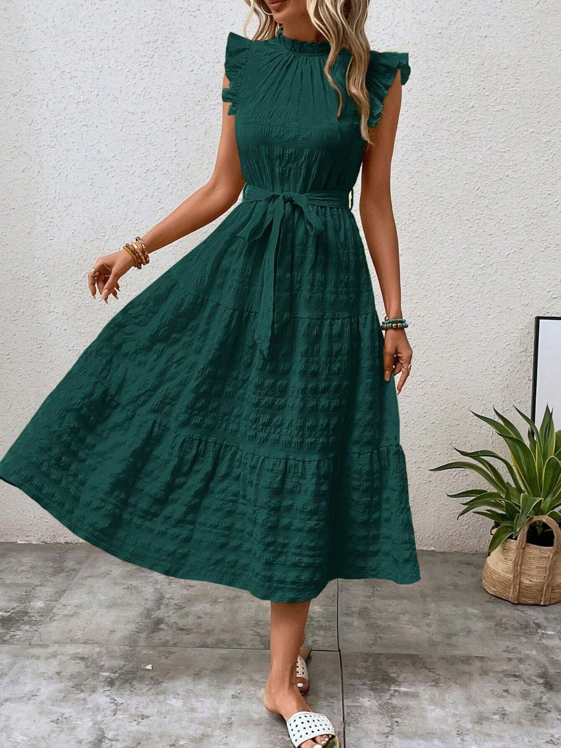 Tied Ruffled Cap Sleeve Midi Dress - Flip Flop Dynasty