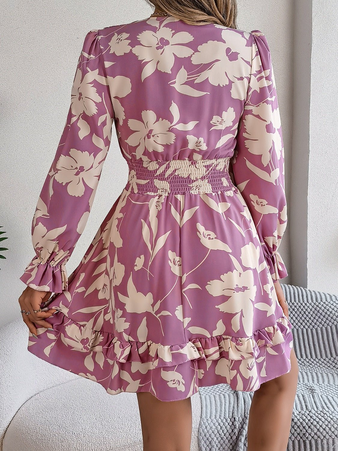 Tied Ruffled Printed Long Sleeve Dress - Flip Flop Dynasty
