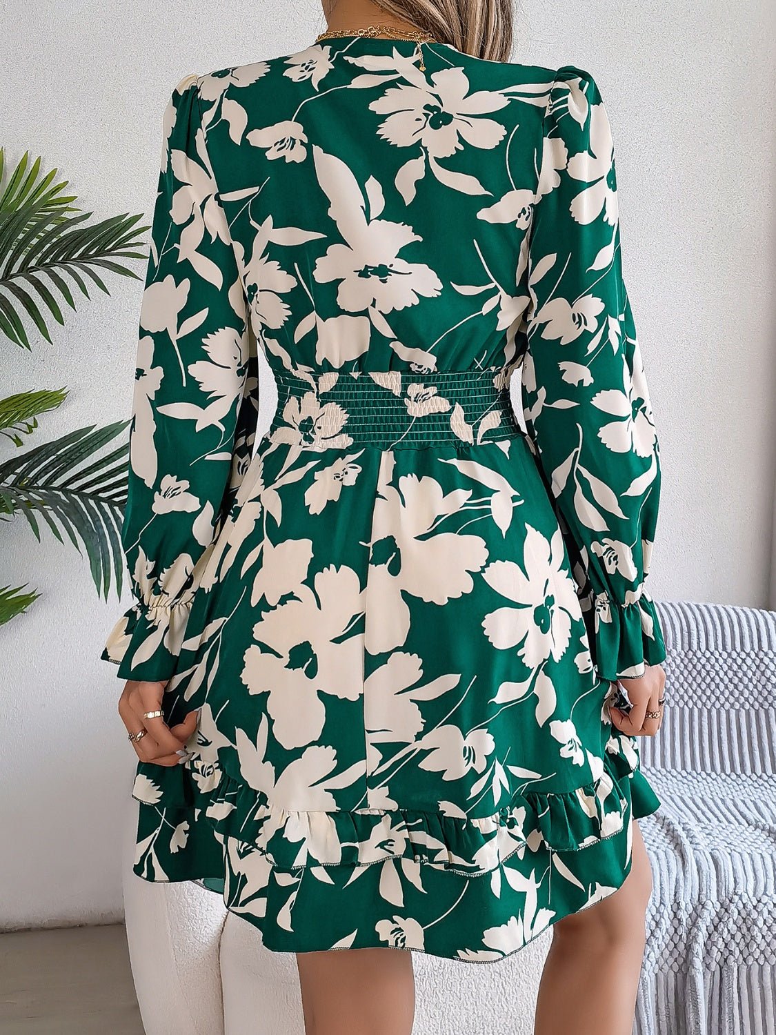 Tied Ruffled Printed Long Sleeve Dress - Flip Flop Dynasty