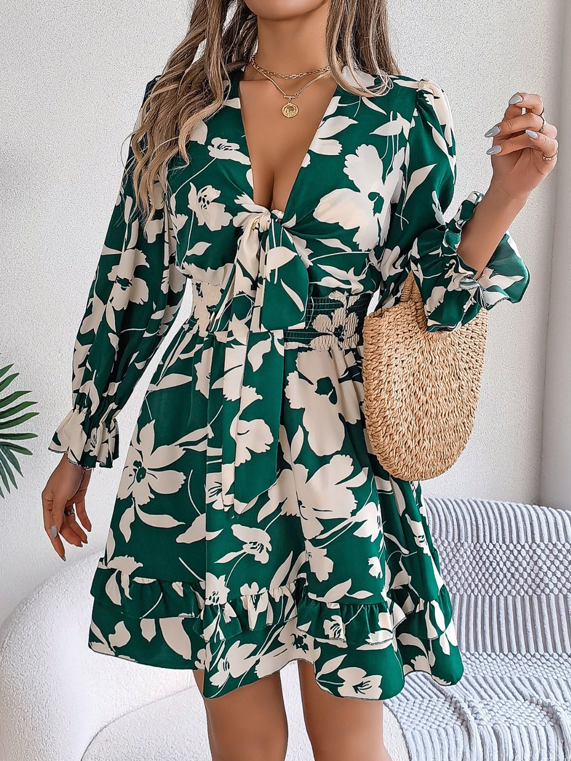 Tied Ruffled Printed Long Sleeve Dress - Flip Flop Dynasty
