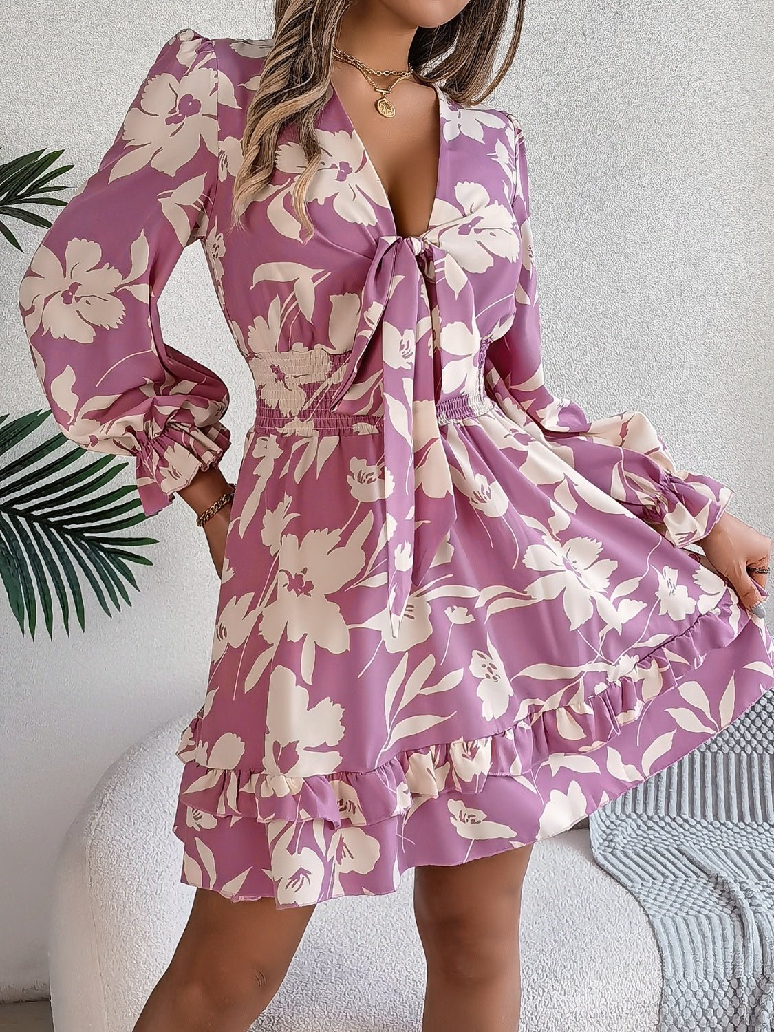 Tied Ruffled Printed Long Sleeve Dress - Flip Flop Dynasty