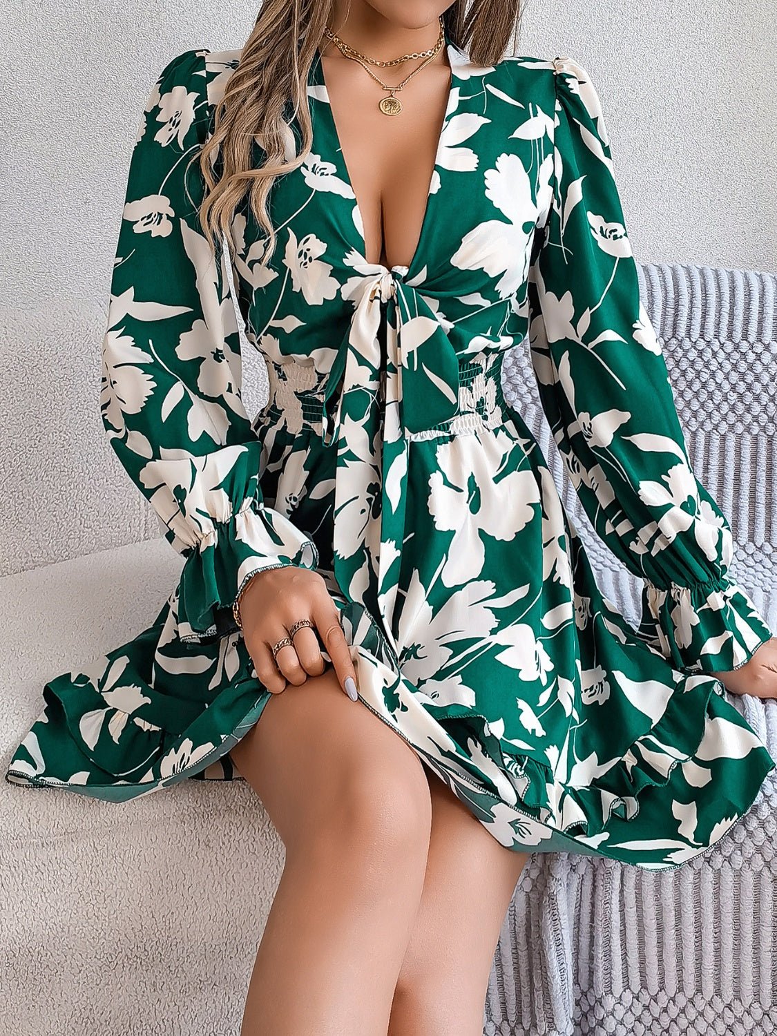 Tied Ruffled Printed Long Sleeve Dress - Flip Flop Dynasty