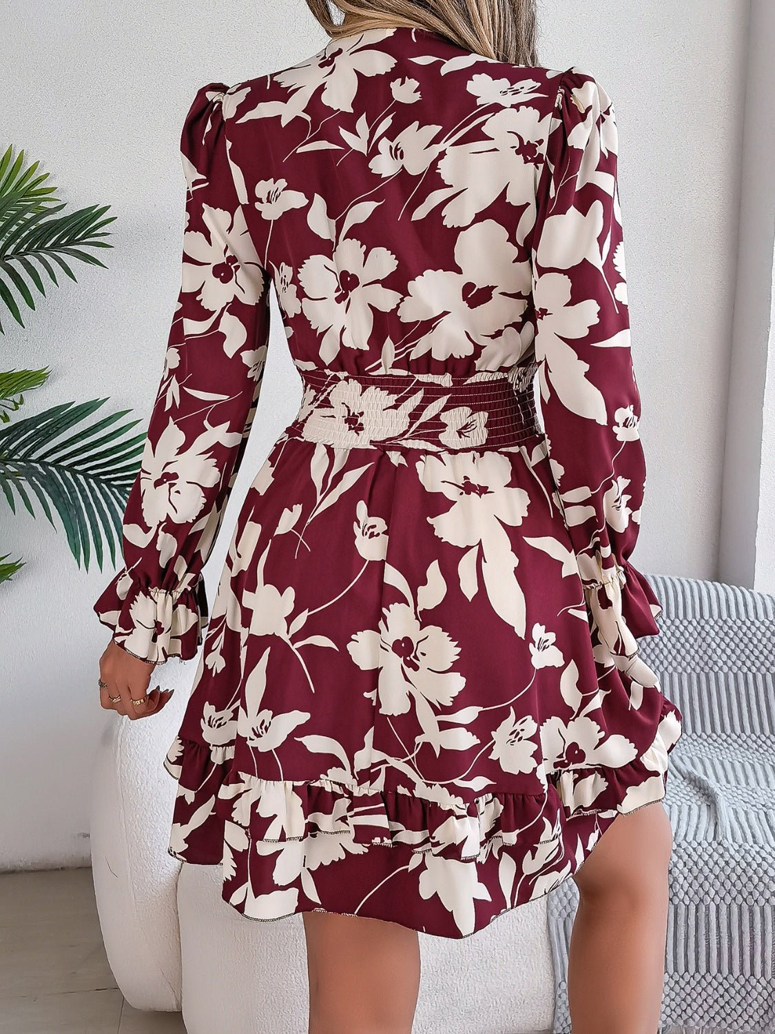 Tied Ruffled Printed Long Sleeve Dress - Flip Flop Dynasty