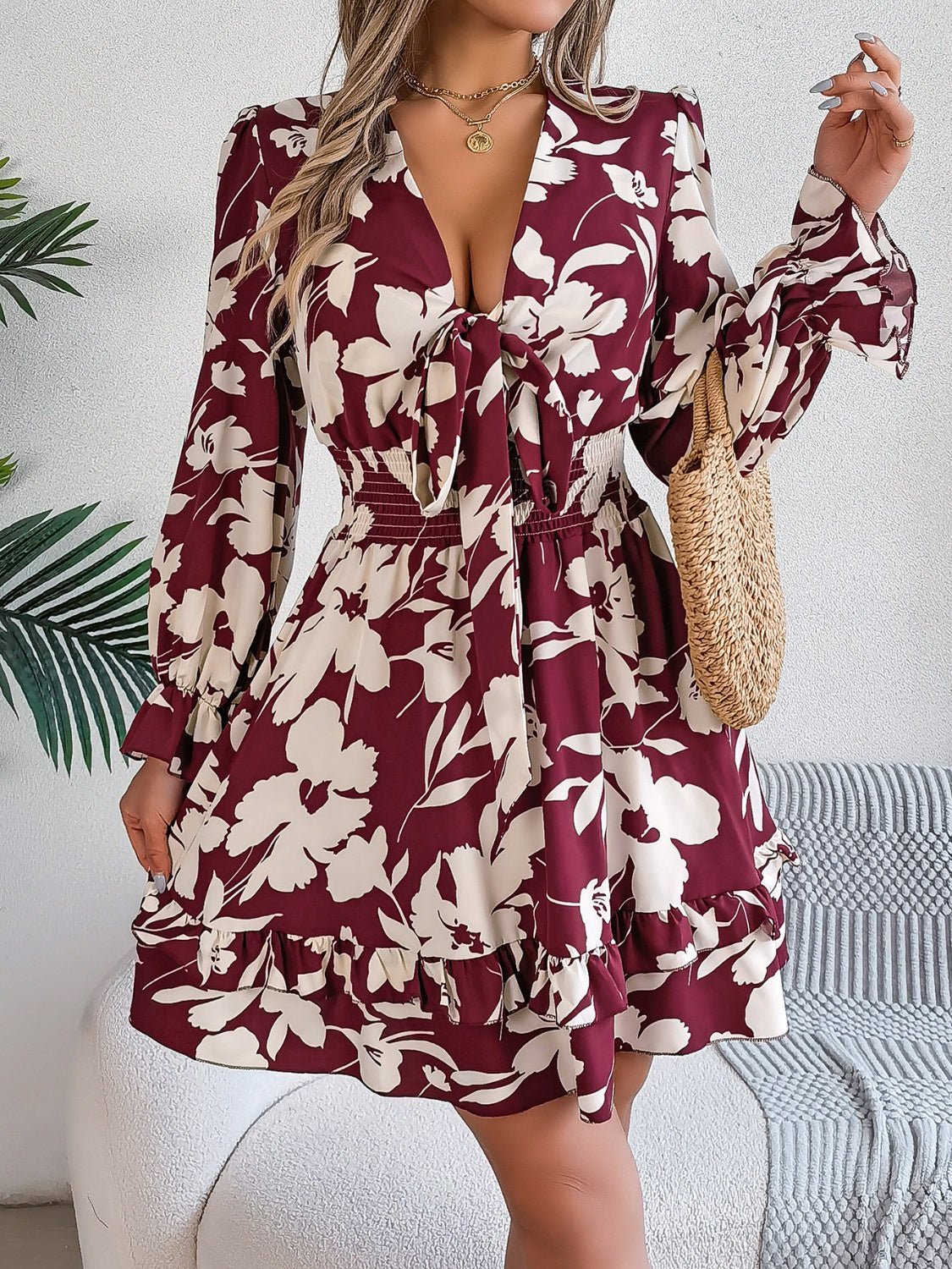 Tied Ruffled Printed Long Sleeve Dress - Flip Flop Dynasty