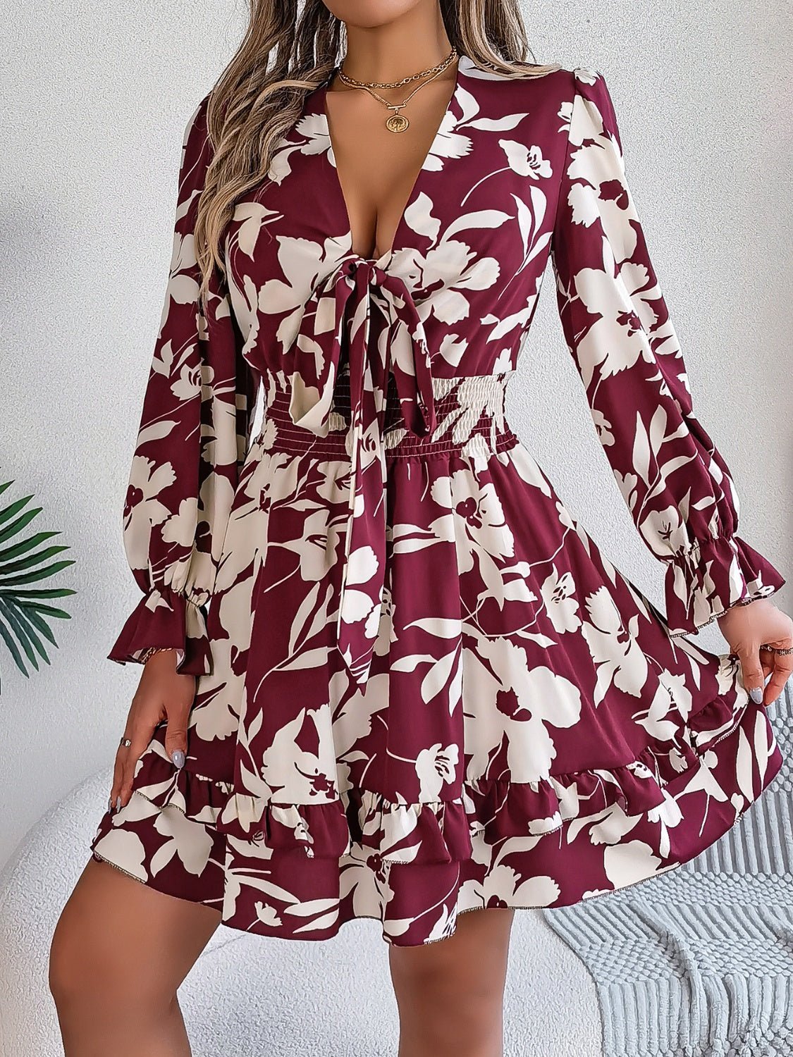 Tied Ruffled Printed Long Sleeve Dress - Flip Flop Dynasty
