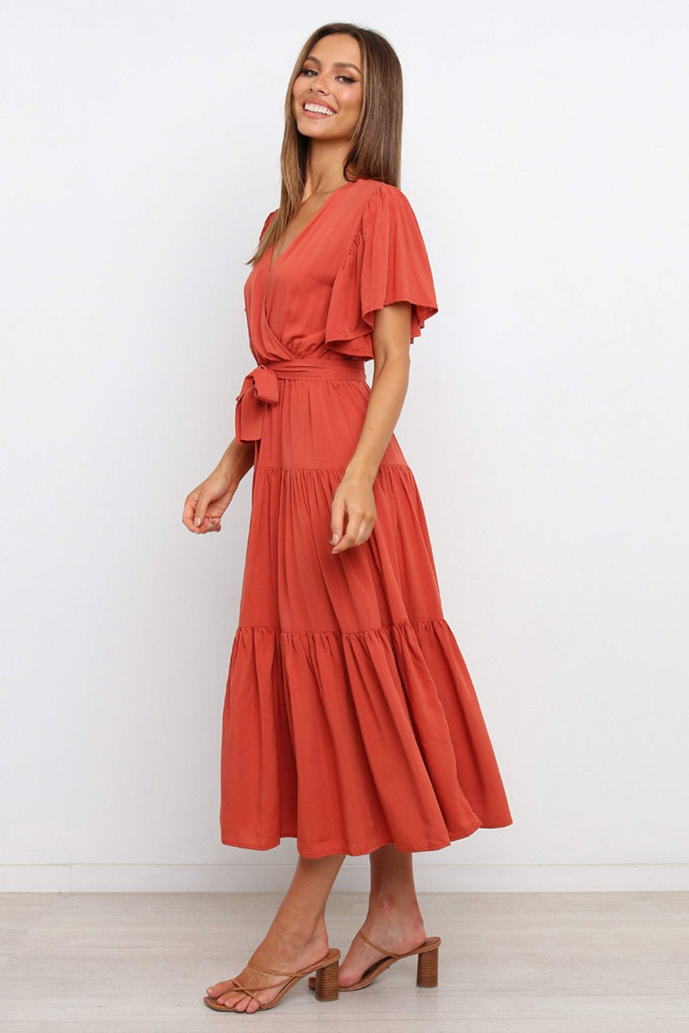 Tied Tiered Short Sleeve Midi Dress - Flip Flop Dynasty