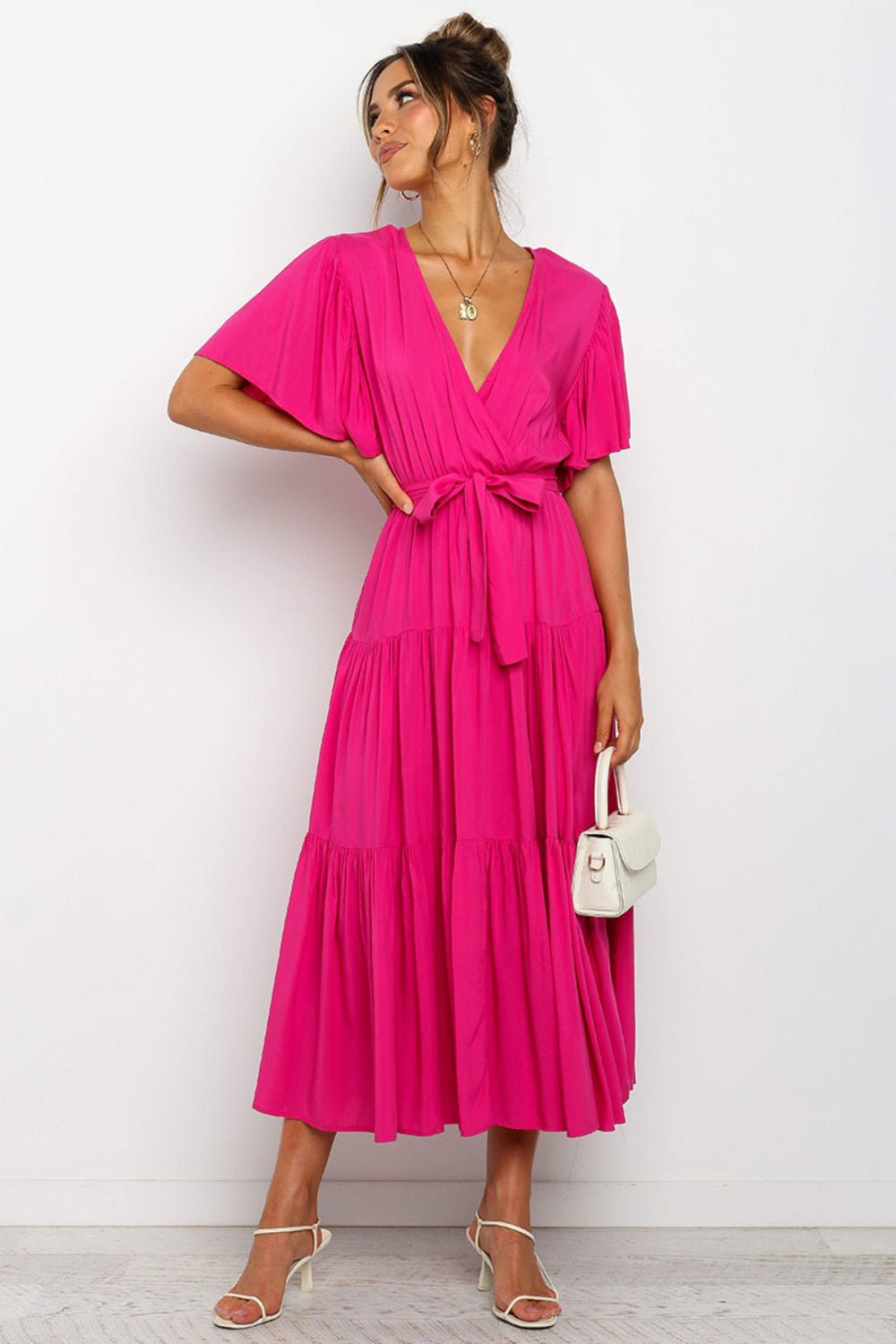 Tied Tiered Short Sleeve Midi Dress - Flip Flop Dynasty