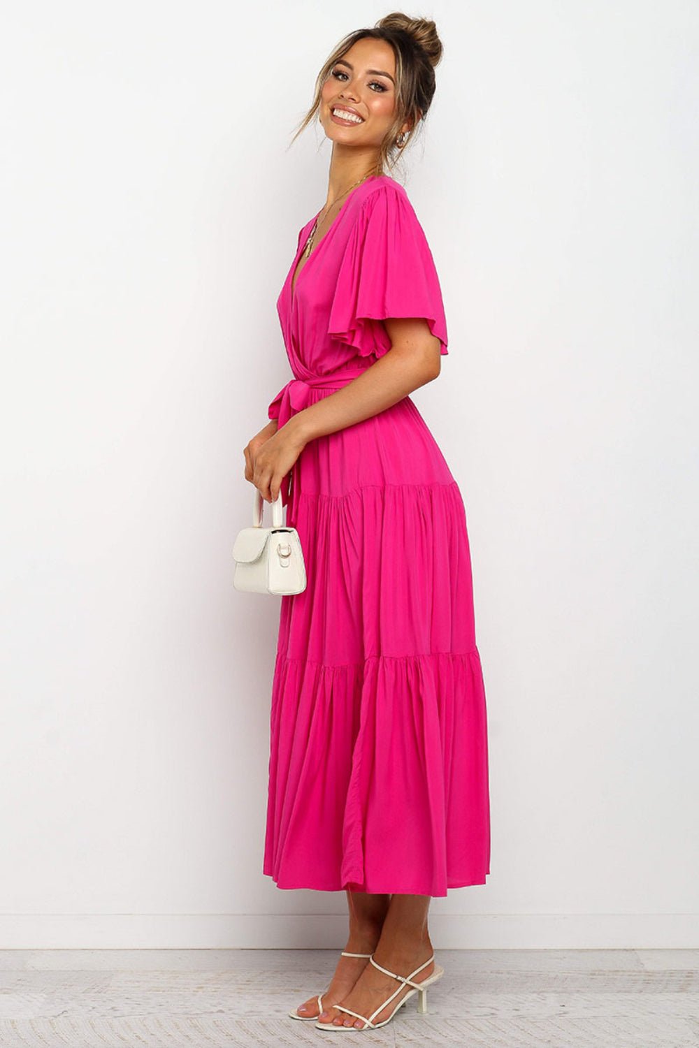 Tied Tiered Short Sleeve Midi Dress - Flip Flop Dynasty