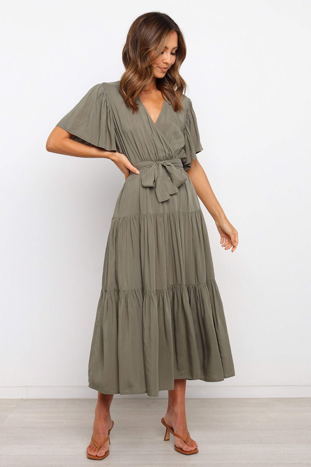 Tied Tiered Short Sleeve Midi Dress - Flip Flop Dynasty
