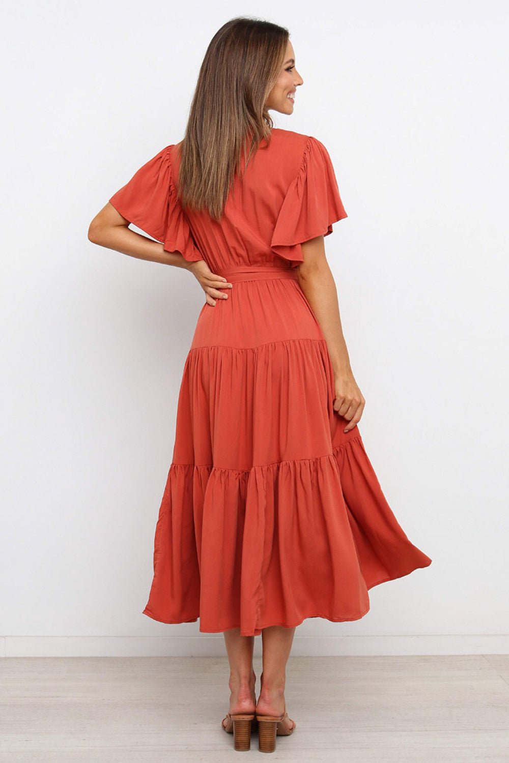 Tied Tiered Short Sleeve Midi Dress - Flip Flop Dynasty