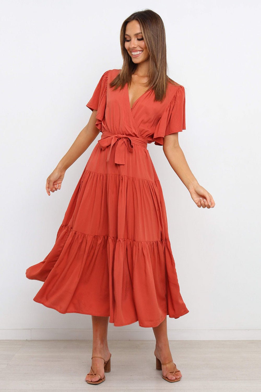 Tied Tiered Short Sleeve Midi Dress - Flip Flop Dynasty