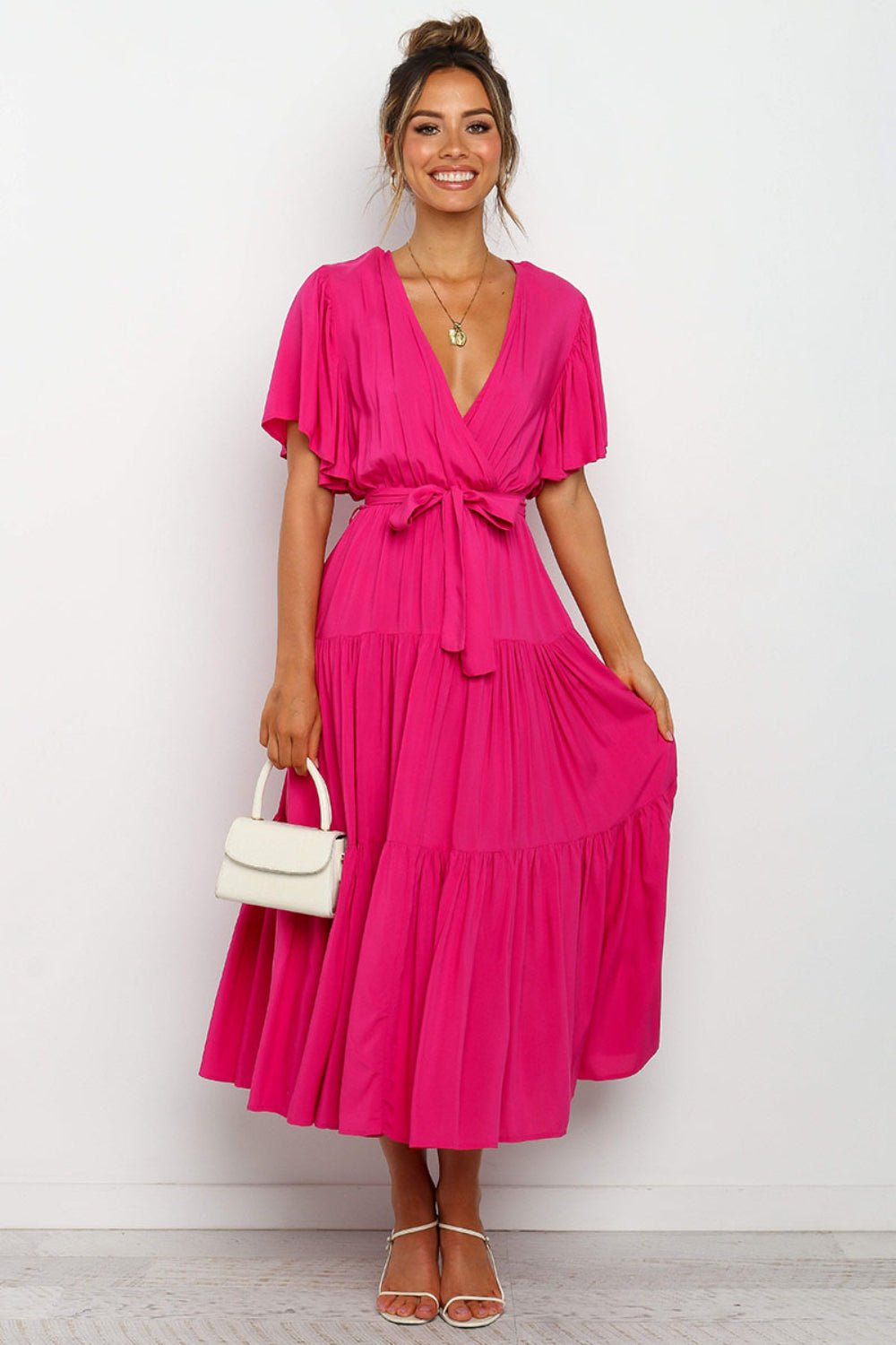 Tied Tiered Short Sleeve Midi Dress - Flip Flop Dynasty