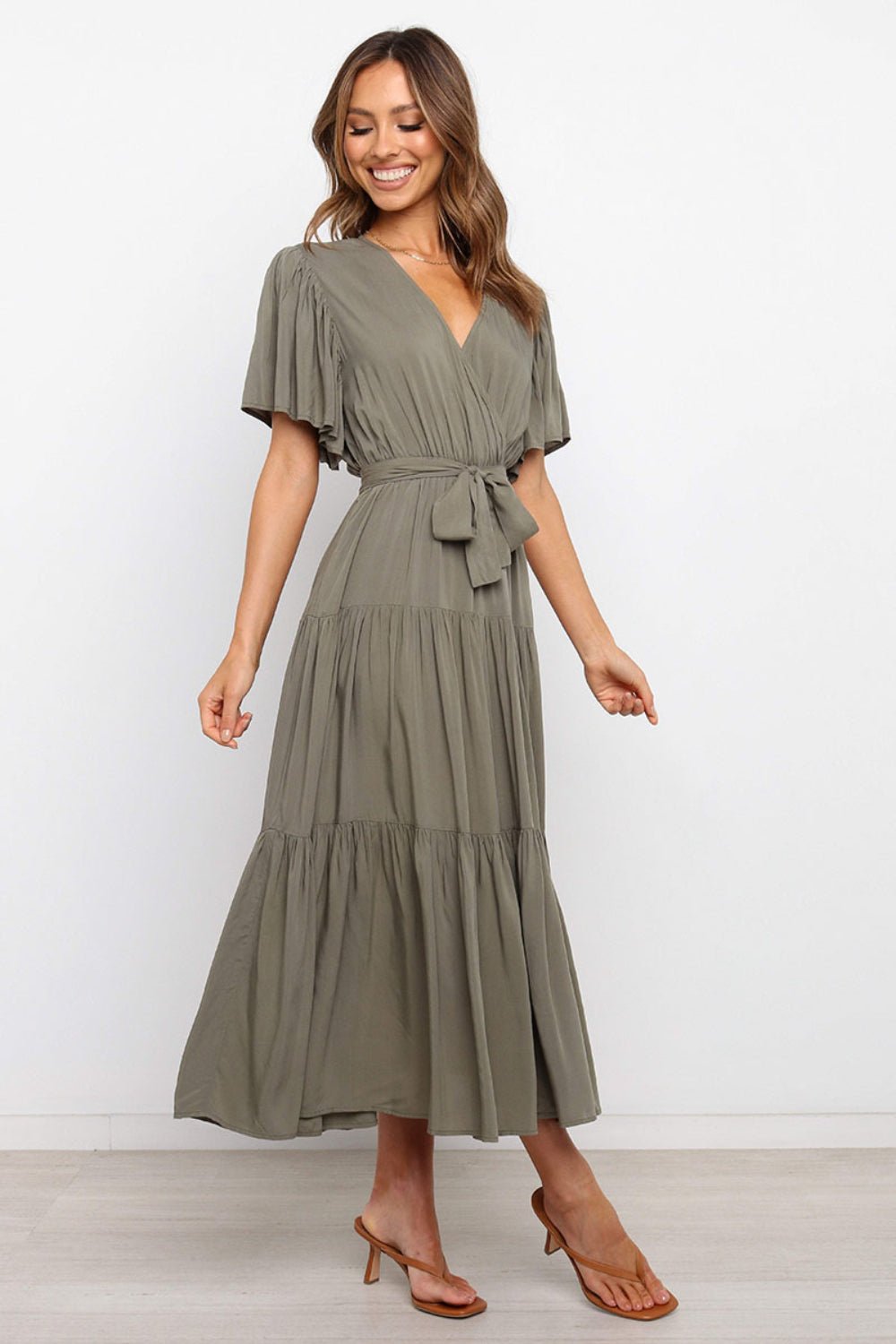 Tied Tiered Short Sleeve Midi Dress - Flip Flop Dynasty