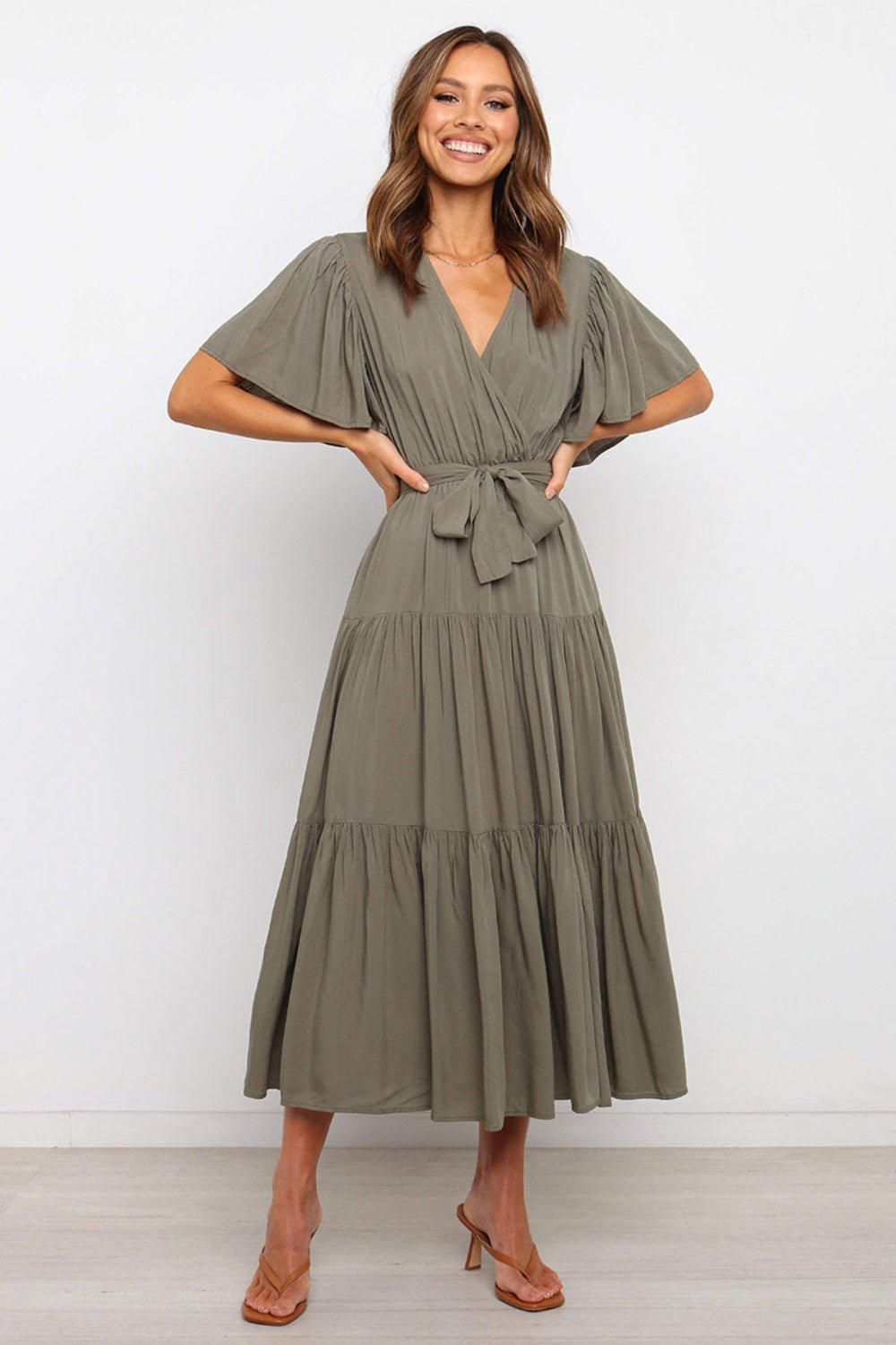 Tied Tiered Short Sleeve Midi Dress - Flip Flop Dynasty