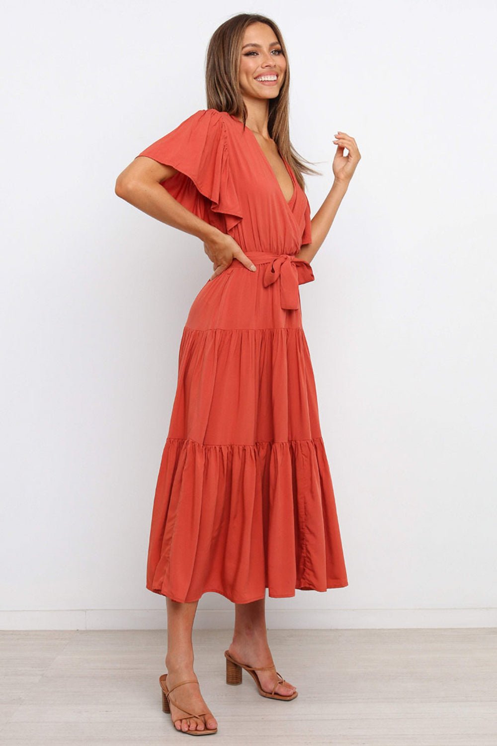 Tied Tiered Short Sleeve Midi Dress - Flip Flop Dynasty