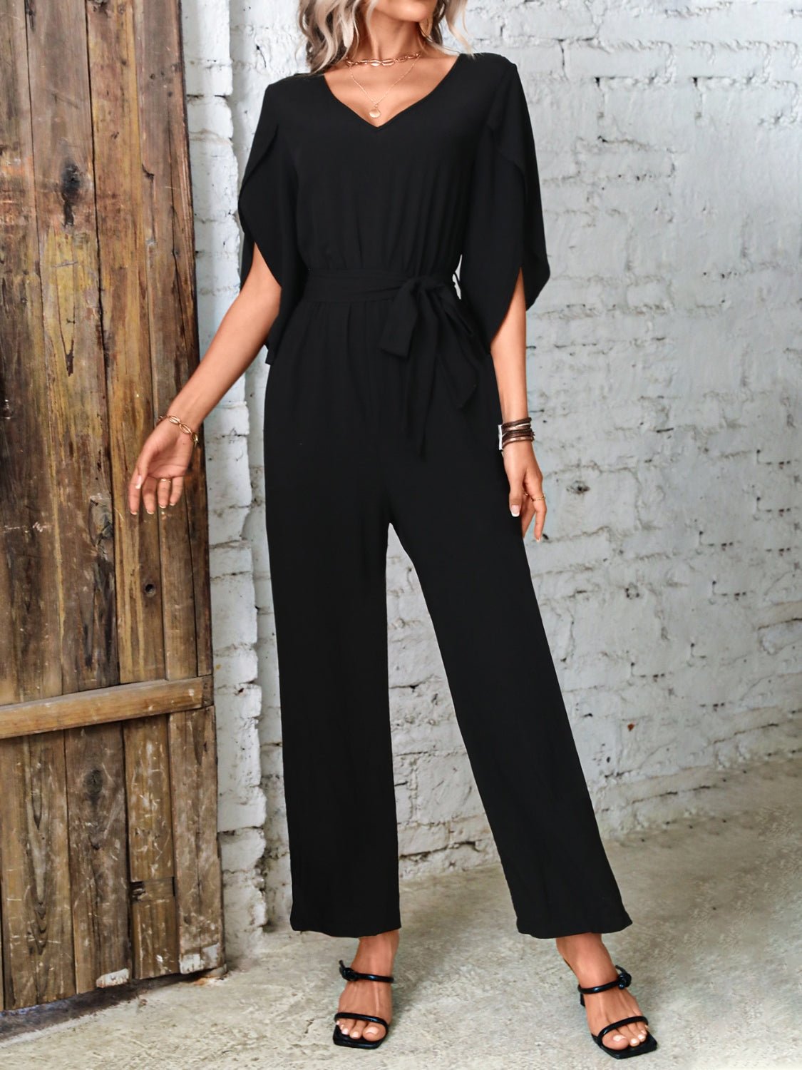 Tied V - Neck Half Sleeve Wide Leg Jumpsuit - Flip Flop Dynasty