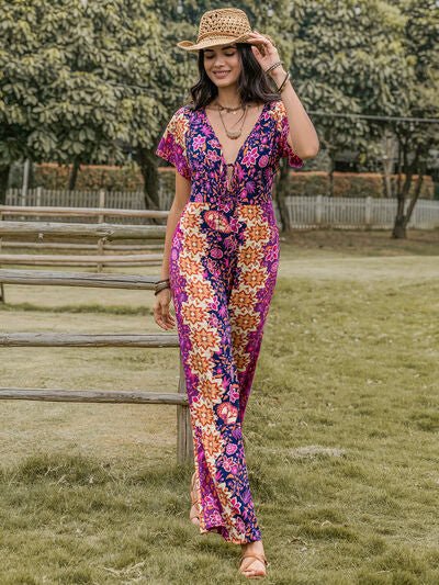Tied V - Neck Short Sleeve Jumpsuit - Flip Flop Dynasty