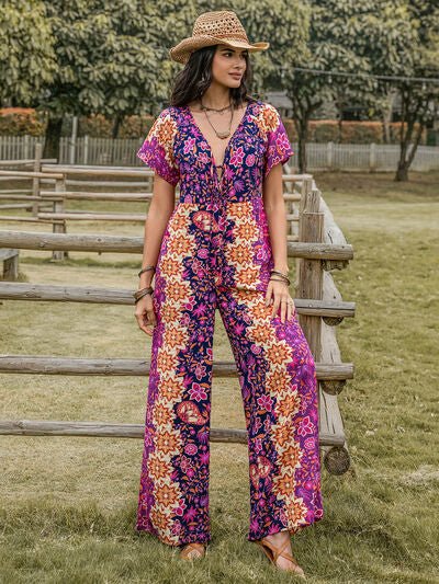 Tied V - Neck Short Sleeve Jumpsuit - Flip Flop Dynasty