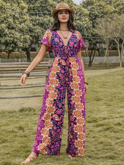 Tied V - Neck Short Sleeve Jumpsuit - Flip Flop Dynasty