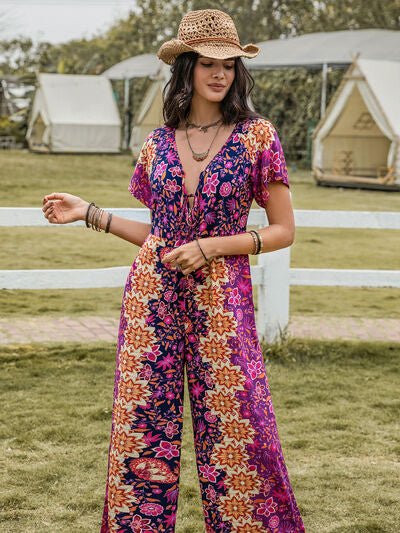 Tied V - Neck Short Sleeve Jumpsuit - Flip Flop Dynasty