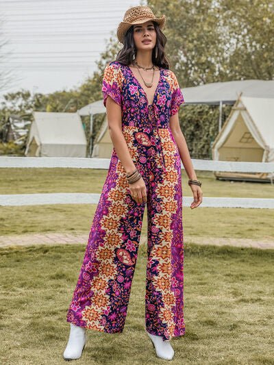 Tied V - Neck Short Sleeve Jumpsuit - Flip Flop Dynasty