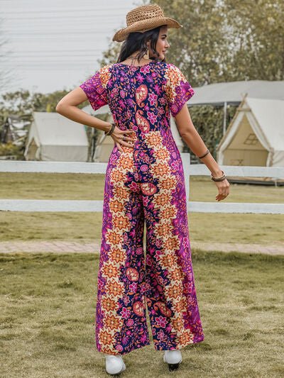 Tied V - Neck Short Sleeve Jumpsuit - Flip Flop Dynasty