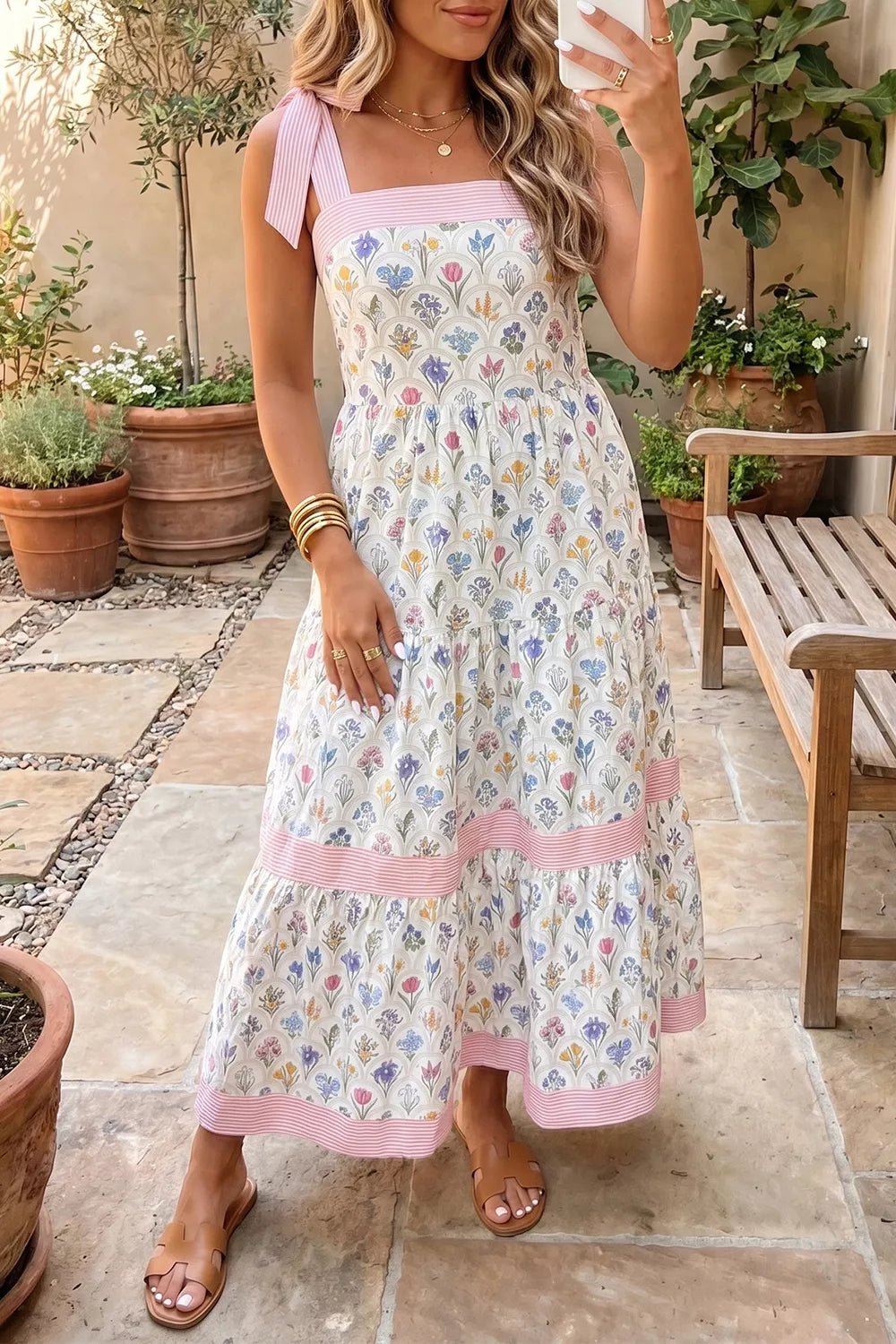 Tiered Floral Tie Shoulder Midi Dress - Flip Flop Dynasty