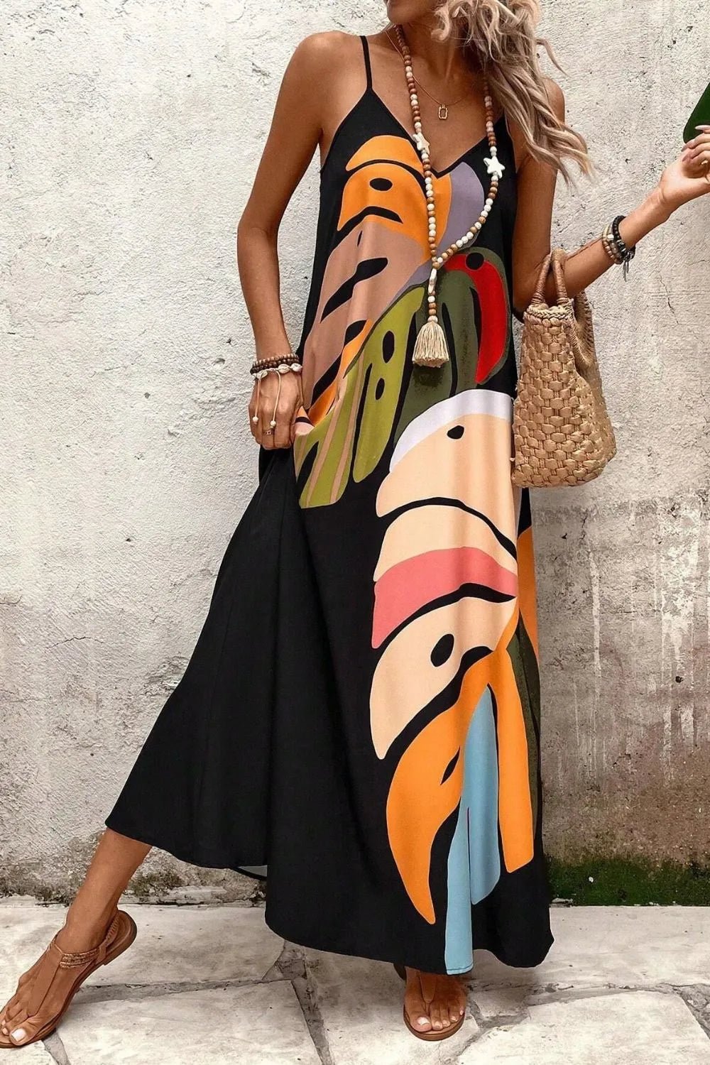Tropical Leaf Print V - Neck Maxi Cami Dress - Flip Flop Dynasty