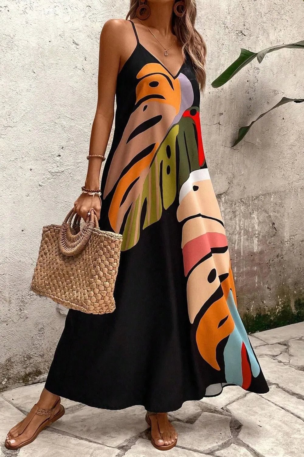 Tropical Leaf Print V - Neck Maxi Cami Dress - Flip Flop Dynasty