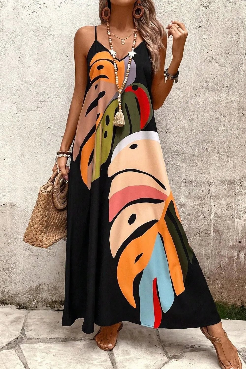 Tropical Leaf Print V - Neck Maxi Cami Dress - Flip Flop Dynasty