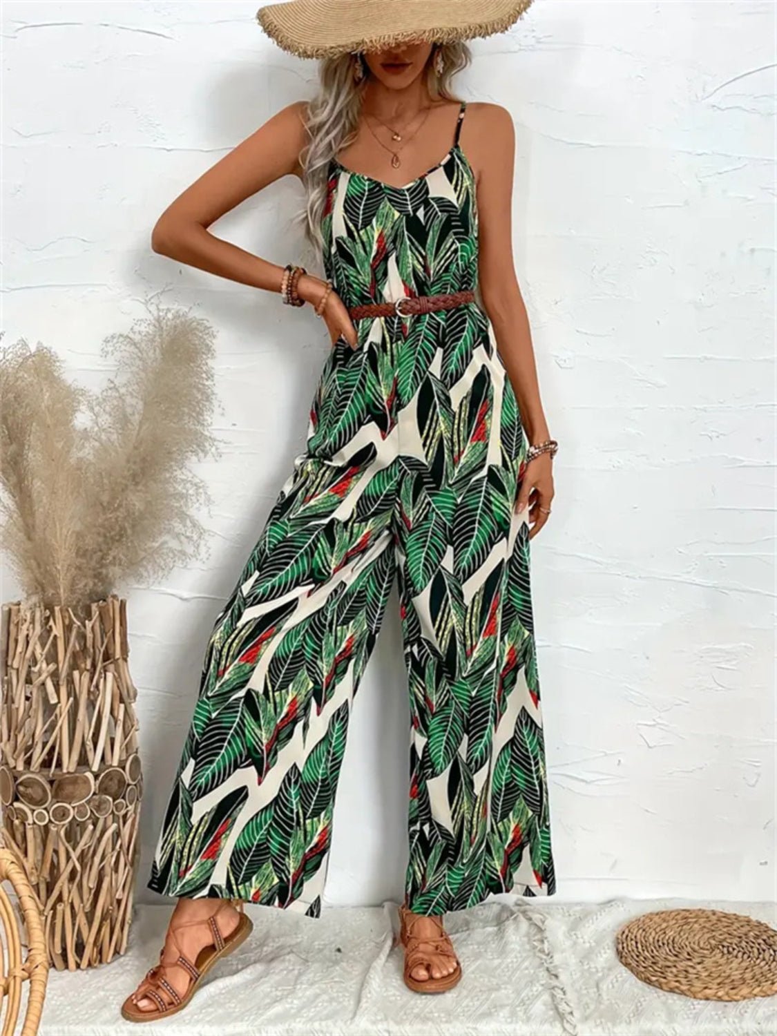 Tropical Print Spaghetti Strap Wide Leg Jumpsuit - Flip Flop Dynasty