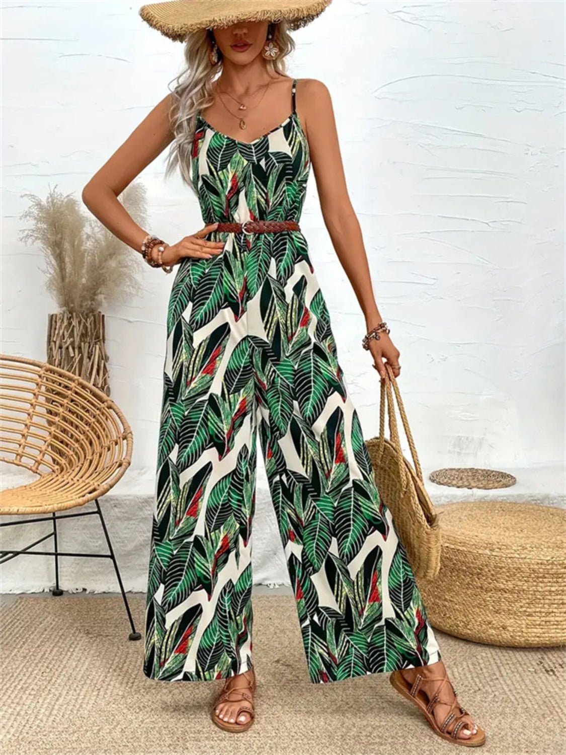 Tropical Print Spaghetti Strap Wide Leg Jumpsuit - Flip Flop Dynasty