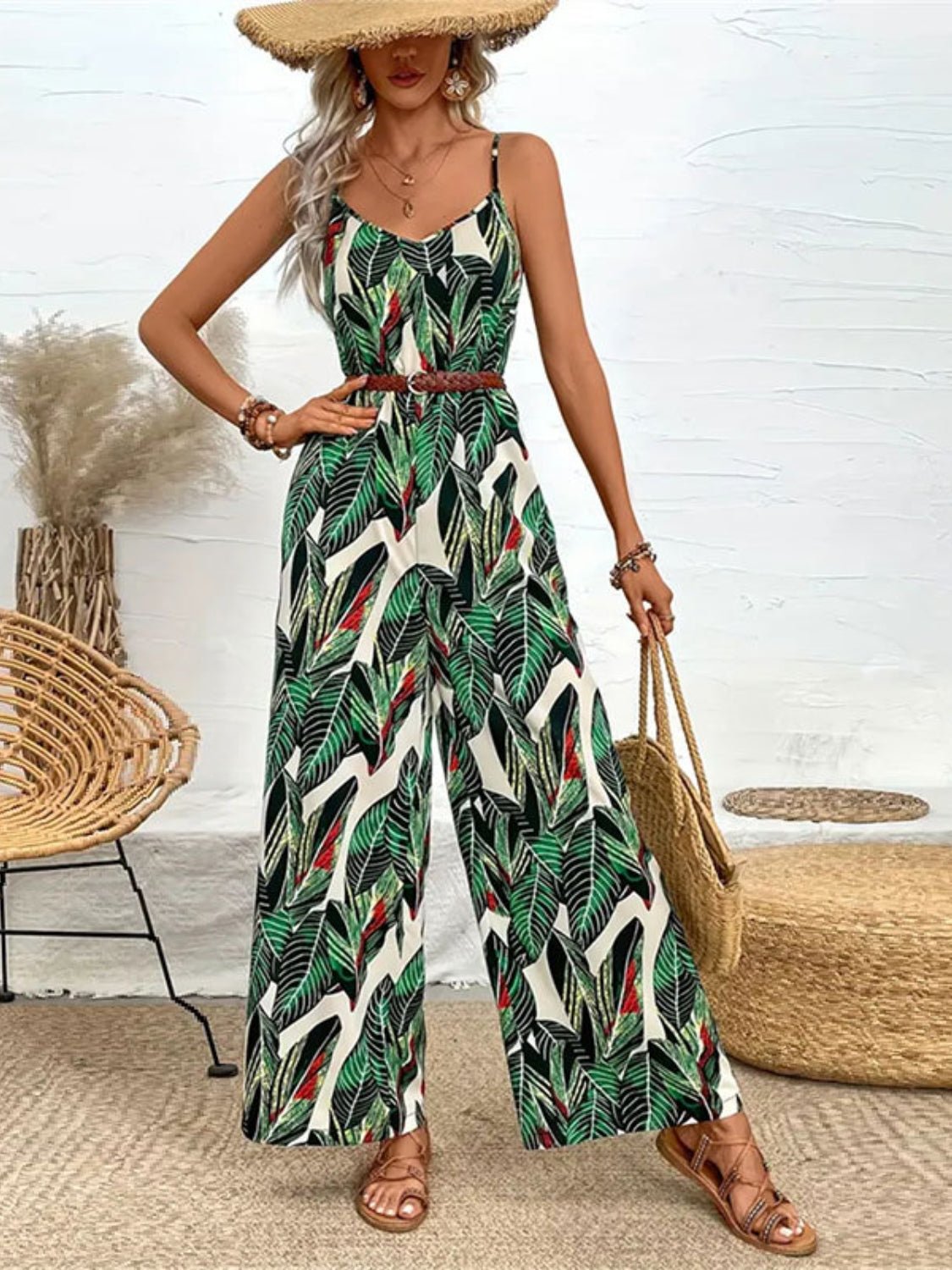 Tropical Print Spaghetti Strap Wide Leg Jumpsuit - Flip Flop Dynasty