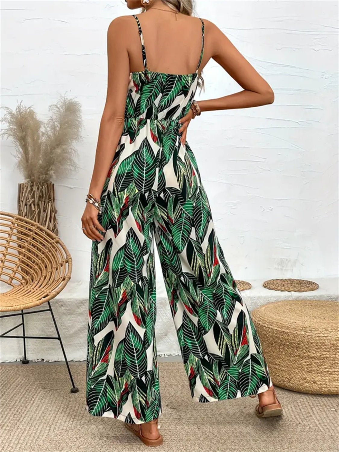 Tropical Print Spaghetti Strap Wide Leg Jumpsuit - Flip Flop Dynasty