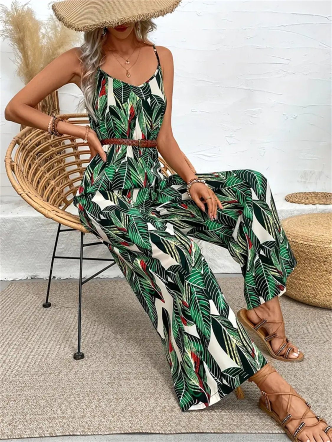 Tropical Print Spaghetti Strap Wide Leg Jumpsuit - Flip Flop Dynasty