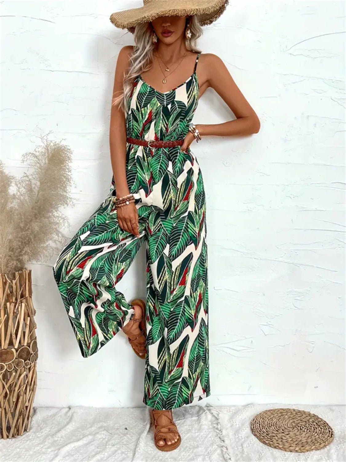 Tropical Print Spaghetti Strap Wide Leg Jumpsuit - Flip Flop Dynasty