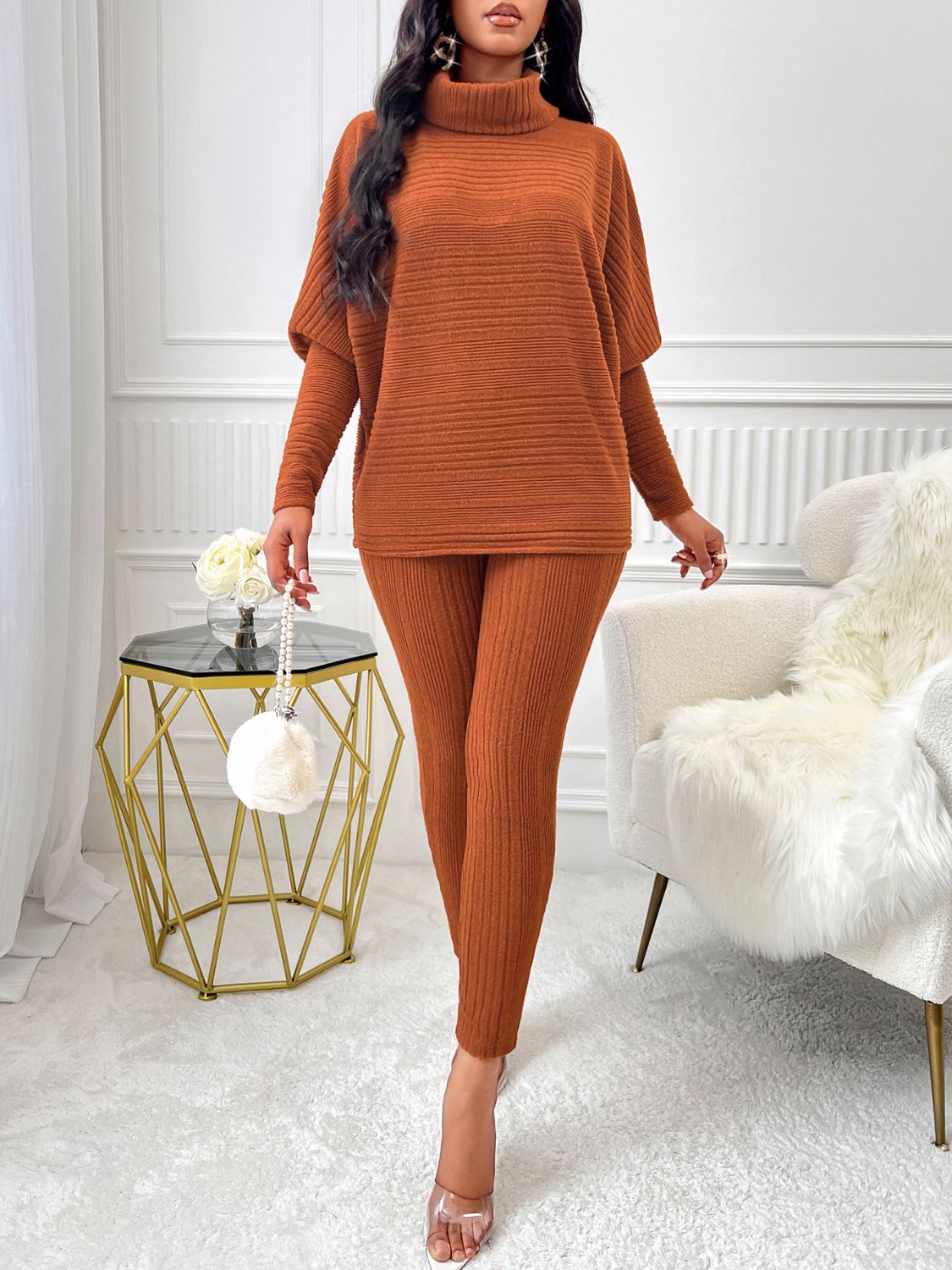Turtleneck Batwing Sleeve Top and Pants Set - Flip Flop Dynasty