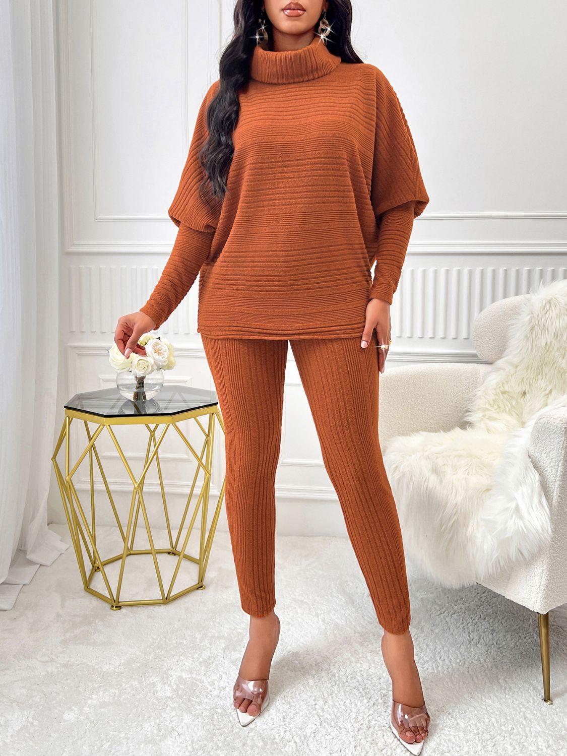 Turtleneck Batwing Sleeve Top and Pants Set - Flip Flop Dynasty